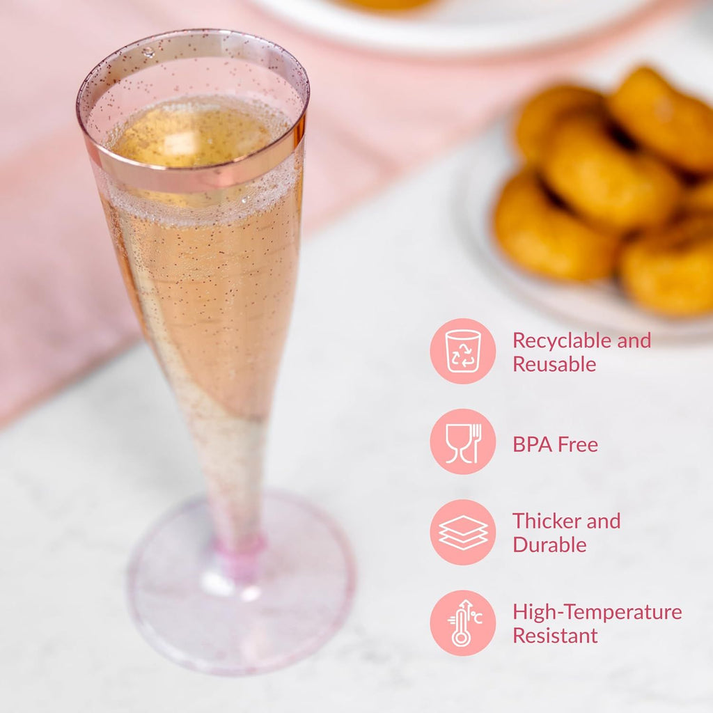 Set of 24 Plastic Champagne Flutes Disposable - Silver Glitter Pink Champagne Glasses with Rose Gold Rim, Elegant Toasting Cups for Weddings, Cocktail Parties, New Year's Celebrations