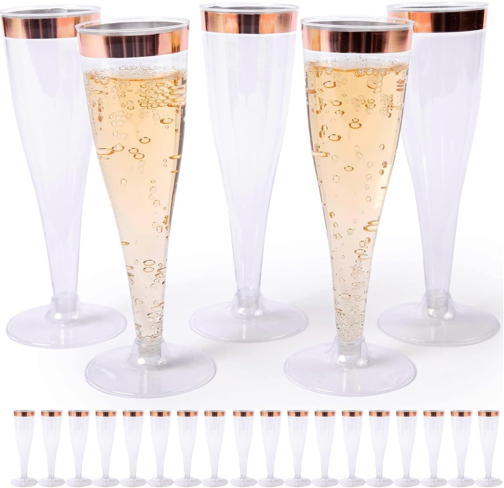 Set of 24 Plastic Champagne Flutes with Rose Gold Rim - 4.5 oz - Shatterproof Disposable Glasses - Elegant Design - Ideal for Weddings, Cocktail Parties, and Outdoor Celebrations