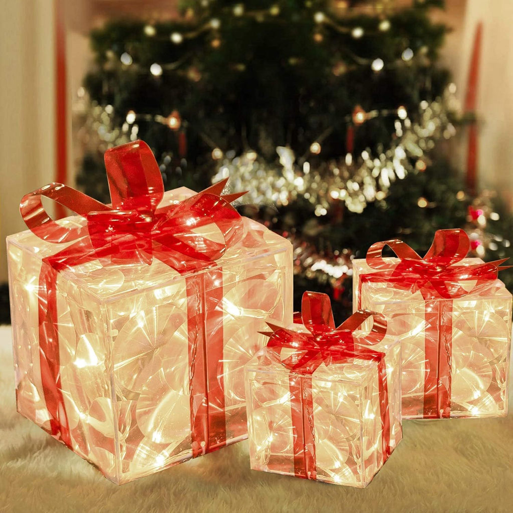 Set of 3 Christmas 60 LED Lighted Gift Boxes, Transparent Warm White Lighted Christmas Box Decrations, Presents Boxs with Red Bows for Christams Tree, Yard, Home, Christams Decorations