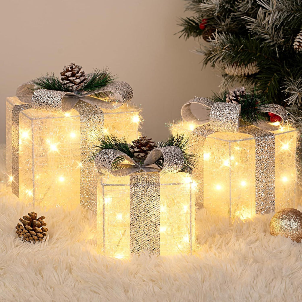 Set of 3 Christmas Lighted Gift Boxes with Plug