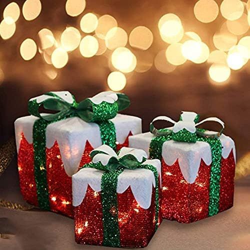 Set of 3 LED Boxes with Green Bows, Lighted Red Boxes with 60 LED Light String for Christmas Indoor Outdoor Home Yard Party Decoration
