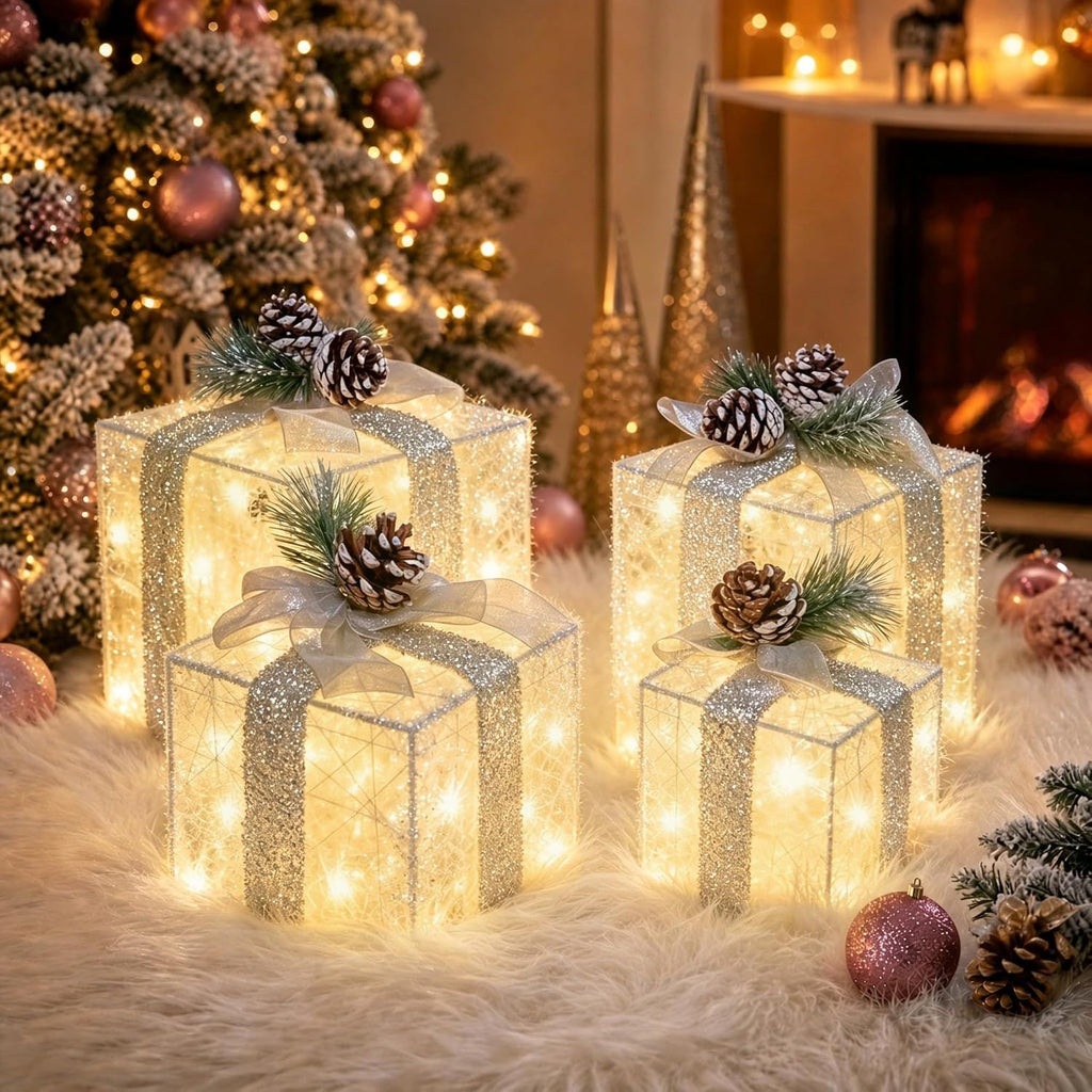 Set of 4 Christmas Lighted Gift Boxes, Battery Operated Xmas Decor Cordless flexible placement, fuller 4-piece set, 75 bright LEDs, 6H auto timer, silver bow pinecone toppers, festive display