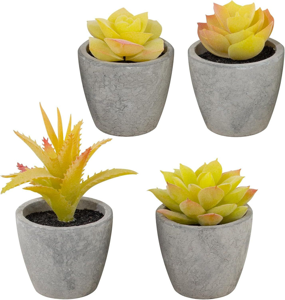 Set of 4 Small Yellow Fake Succulent Plants Artificial Succulents for Bathroom, Living Room, Office Desk, Coffee Table, Kitchen Shelves - Aesthetic Indoor Shelf Decor