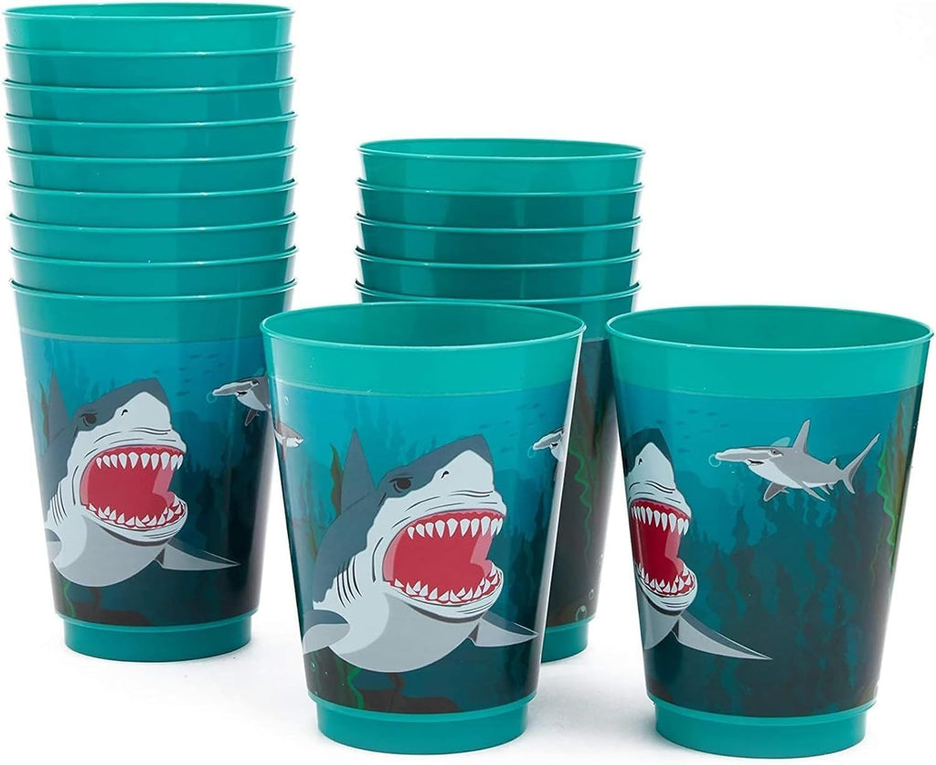 Shark Cups for Birthday Parties - 16-Pack, Blue Plastic - Reusable Cups for Kids & Adults