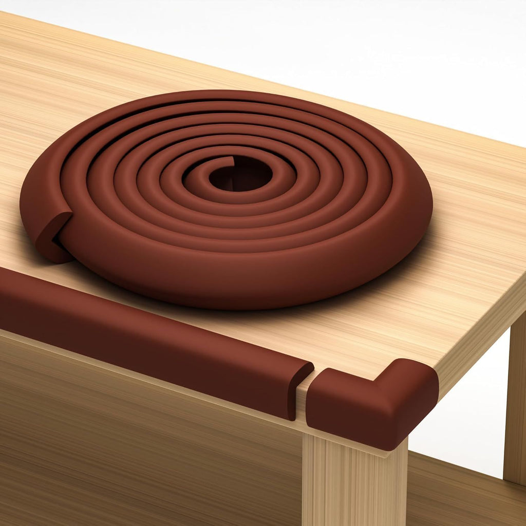 Sharp Edge and Furniture Safety Guards 20.4ft Protective Foam Cushion; 18ft Bumper 8 Adhesive Childsafe Corners Baby Caring Child Proofing Set NonToxic and Safe For Table, Fireplace, Countertop; Brown