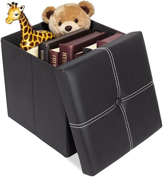 ShellKingdom Small Folding Storage Ottoman Cube, Faux Leather Storage Footrest Bench, Foot Rest Stool for Home, Living Room, Bedroom, Dorm, 11.8 x 11.8 x 11.8 inches (Black)