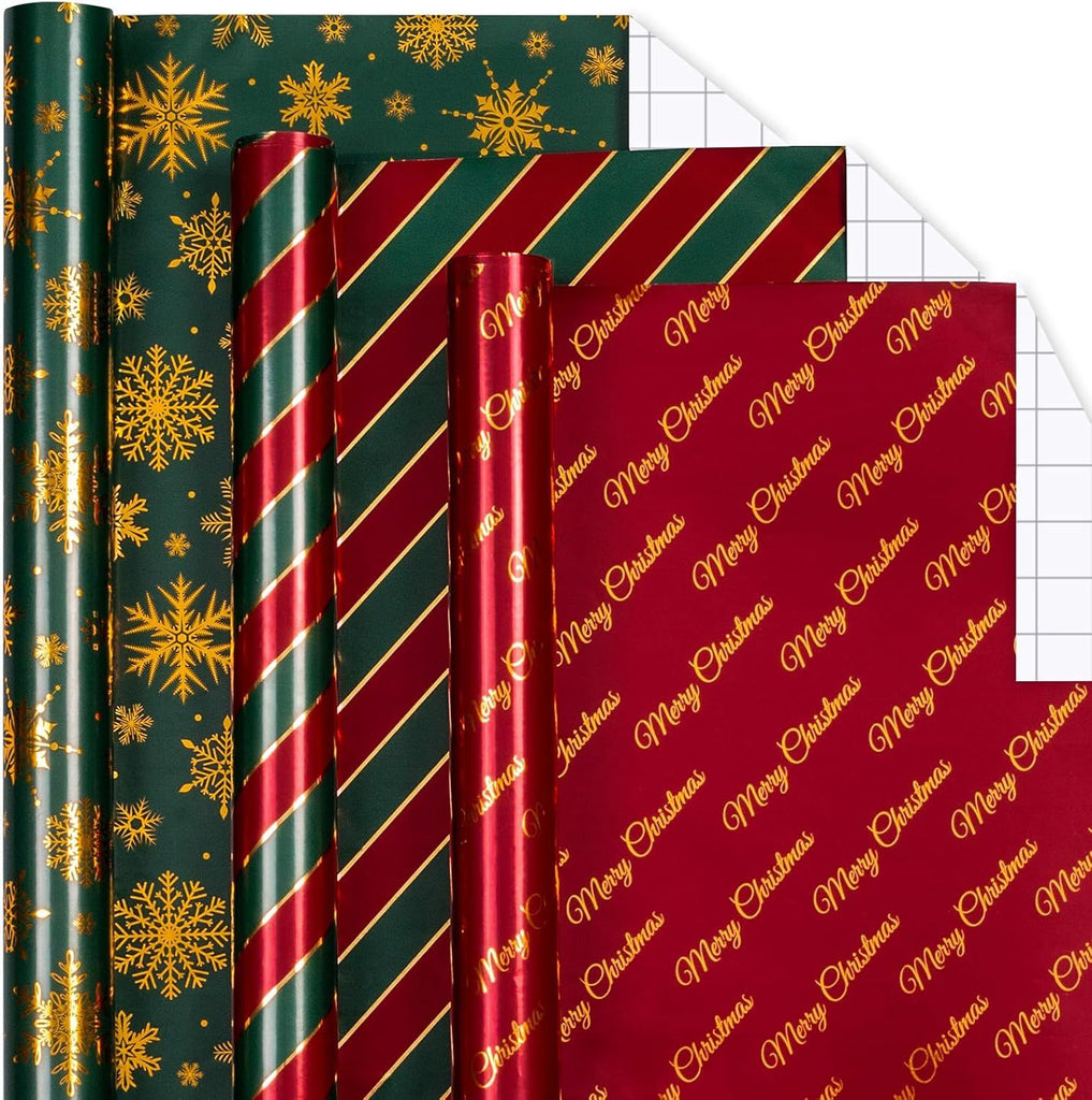 Shiny Christmas Wrapping Paper - 17In x 120In Per Roll - Classic Red & Green Stripe, Forest Green & Gold Snowflake, Red & Gold Merry Christmas Text Design Gift Wrap Paper for Holiday, Party