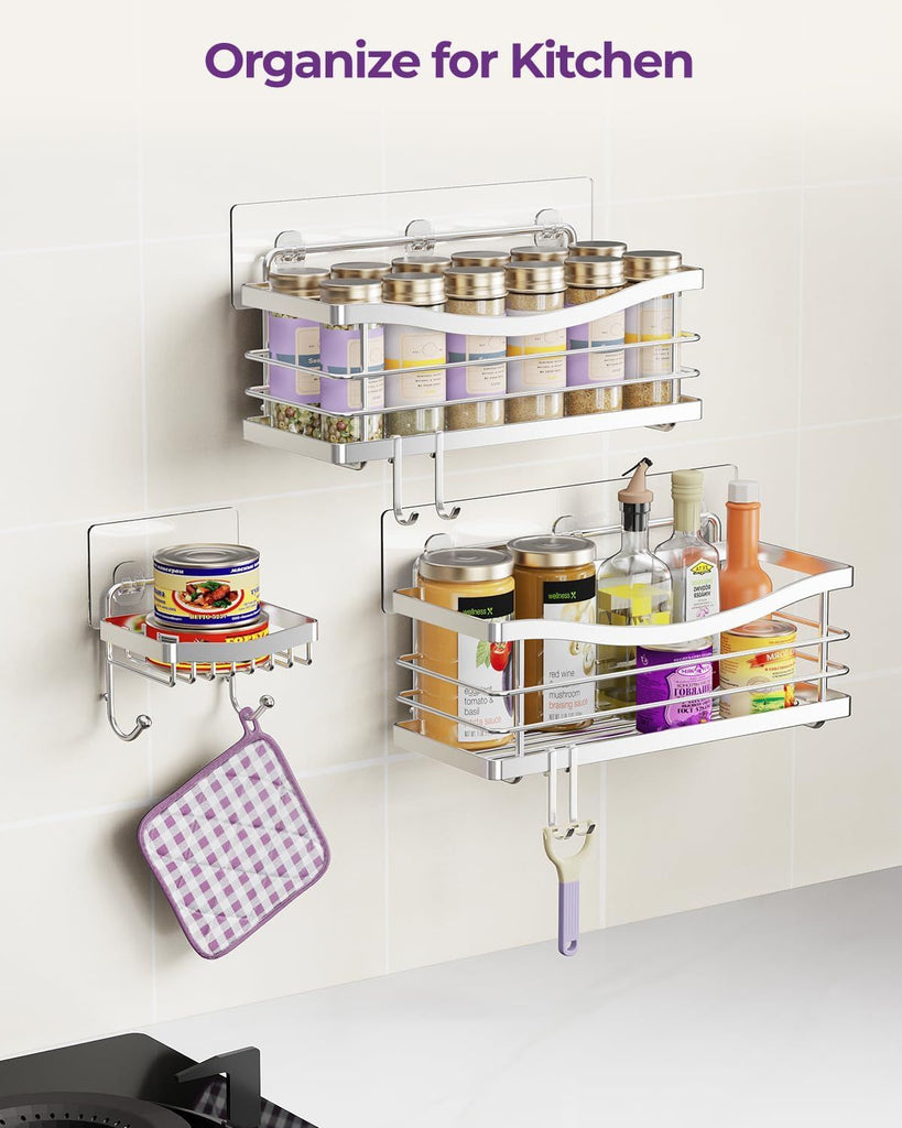 Shower Caddy 3 Pack-Shower Organizer Shelves Rack Rustproof SUS304 Stainless Steel for Bathroom Storage&Kitchen-No Drilling Adhesive Shower Caddy Shelf Dorm Room Essentials-Silver