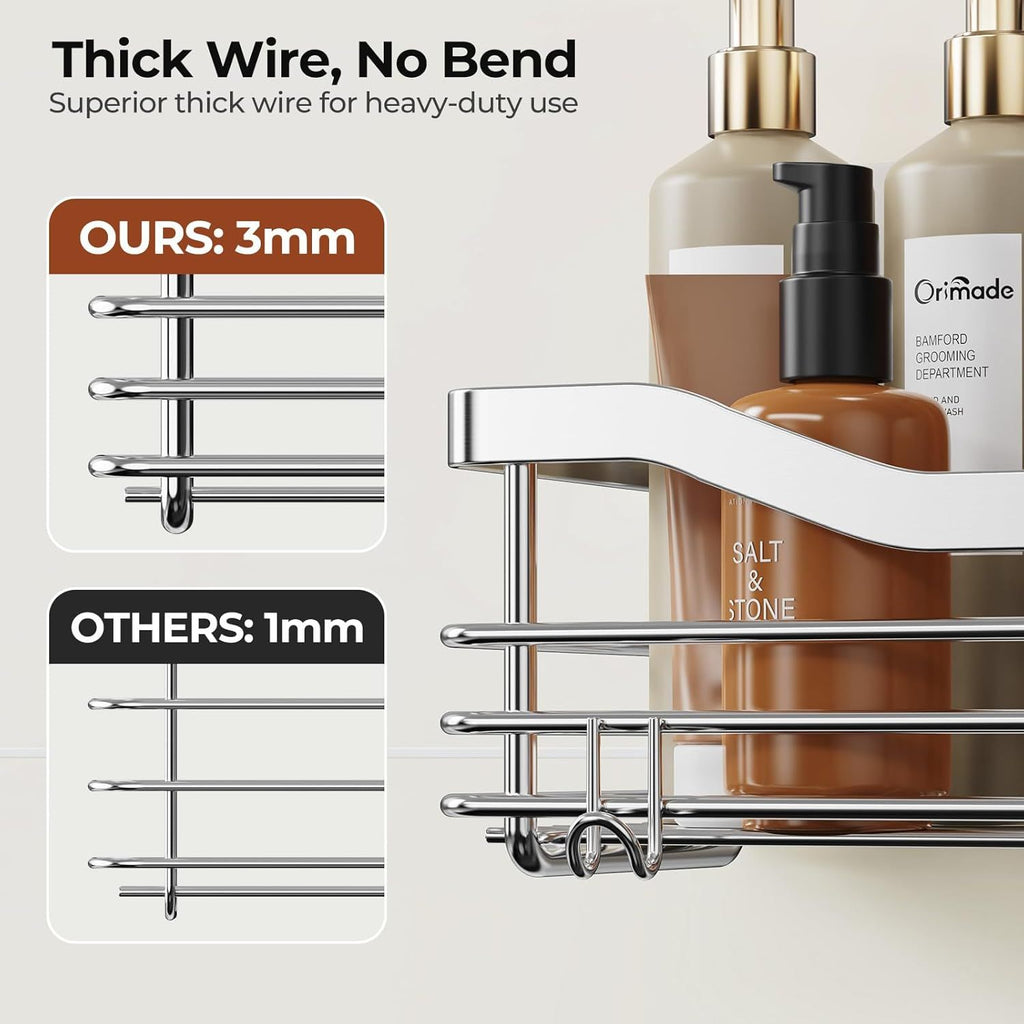 Shower Caddy Basket Shelf with 5 Hooks Adhesive Organizer Storage Rack Rust Resistant Wall Mounted Stainless Steel No Drilling for Bathroom, Toilet, Kitchen - 2 Pack