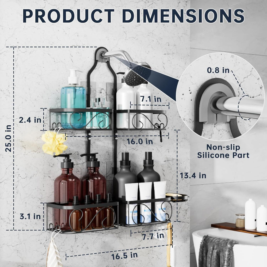 Shower Caddy Hanging for Handheld Showerheads, Rustproof Stainless Steel Shower Organizer, Large-Capacity Bathroom Organizer Rack with Soap Dish and Hooks for Razor/Sponge, Black