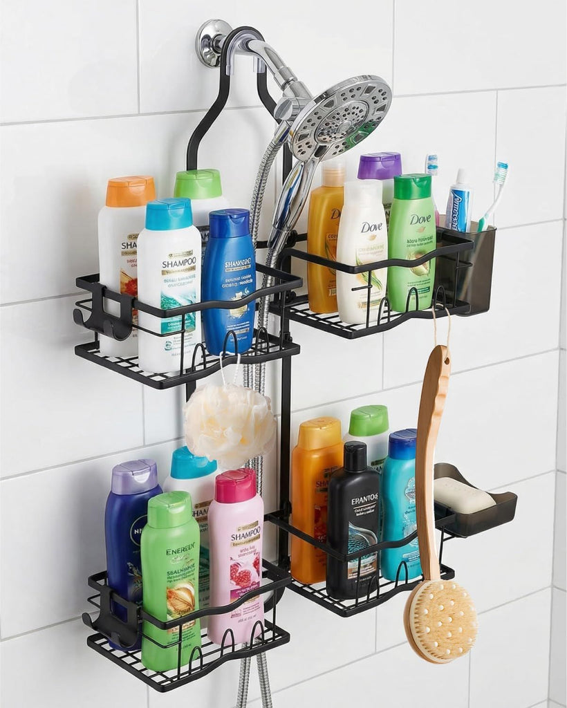 Shower Caddy Hanging – Rustproof Shower Organizer Hanging for Inside Shower – Over the Showerhead Rack with Soap Holder & Razor Hooks, No Drilling Bathroom Shower Shelves and Storage, Black