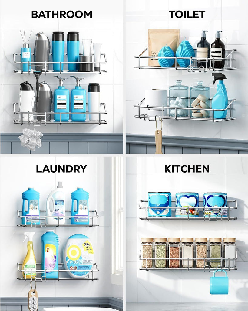 Shower Caddy Shelf Storage Rack Adhesive Without Drilling Stainless Steel with Hooks for Washroom, Lavatory, Restroom, Toilet, Bathroom, Kitchen - 2 Pack