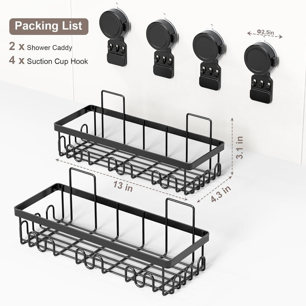 Shower Caddy Suction Cup 2 Pack, No Drilling Shower Organizer for Bathroom with Large Capacity, Storage Suction Powerful Max Hold 40 lbs, Waterproof & Removable Bathroom Shelf, Black