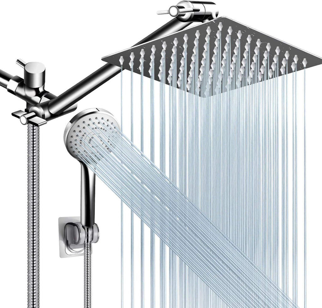 Shower Head Combo, 8 Inch High Pressure Rain with 11 Inch Adjustable Extension Arm and 5 Settings Handheld, Powerful Spray Against Low Water Pressure- Matte Black