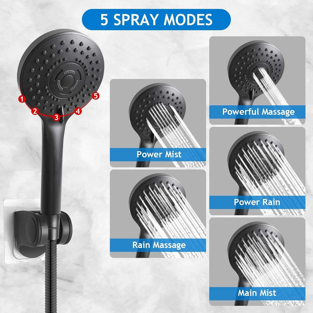 Shower Head Combo, 8 Inch High Pressure Rain with 11 Inch Adjustable Extension Arm and 5 Settings Handheld, Powerful Spray Against Low Water Pressure- Matte Black