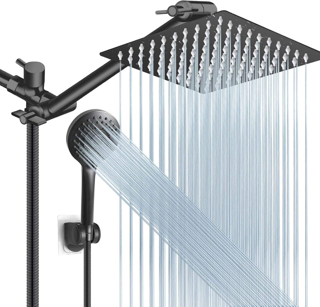Shower Head Combo, 8 Inch High Pressure Rain with 11 Inch Adjustable Extension Arm and 5 Settings Handheld, Powerful Spray Against Low Water Pressure- Matte Black