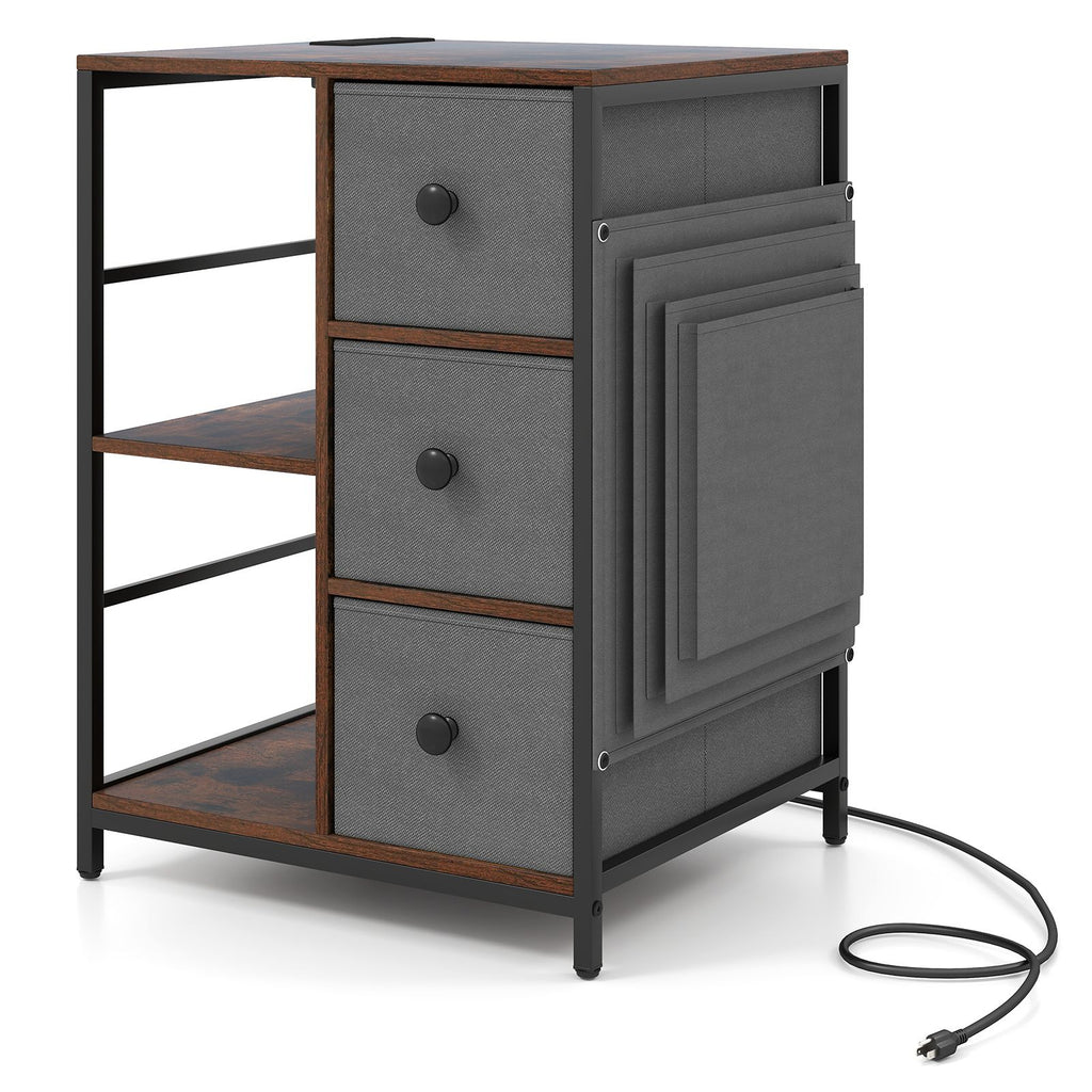 Side Table with Charging Station Industrial Nightstand with Open Shelves