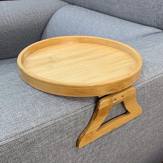 Side Tables Natural Bamboo Sofa Armrest Clip-On Tray, Ideal for Remote/Drinks/Phone Round