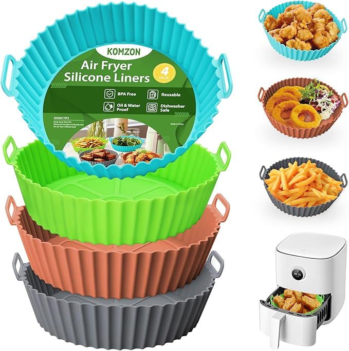 Silicone Air Fryer Liners 4 PCS, Airfryer Liners Reusable, Silicone AirFryer Basket Liners 8Inch, Food Grade Air Fryer Accessories Replacement of Flammable Disposable Parchment Paper for oven
