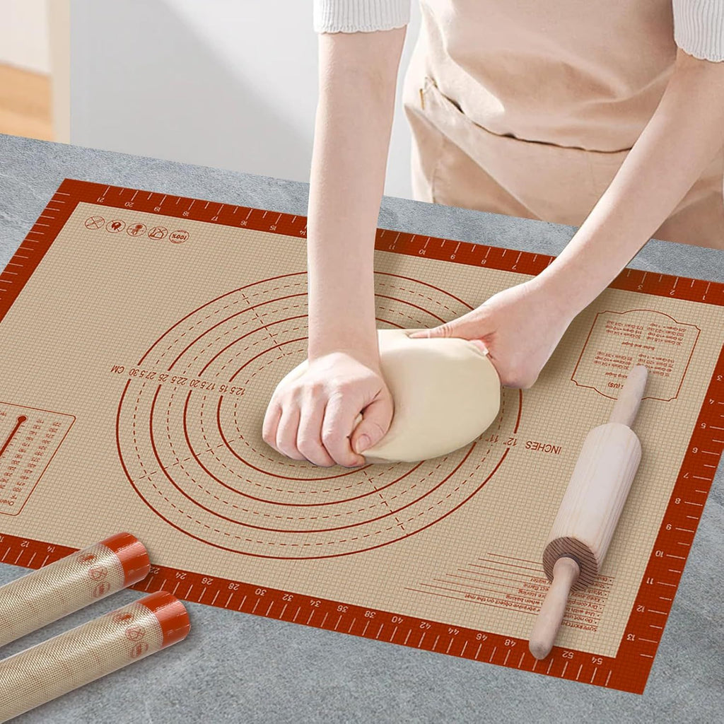 Silicone Baking Mat with Measurements, Extra Large 0.7mm 24" x 16" Pastry Dough Sheet, Pie Crust Rolling sourdough tools Supplies for Making Pizza, Pie, Christmas Cookies, Bread, Non Stick