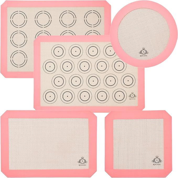 Silicone Baking Mats - Baking Mats for Cookie Baking Sheets - Reusable Silicone Pastry Pad for Oven - Nonstick, Dishwasher Safe - Baking Supplies - Set of 5, Pink