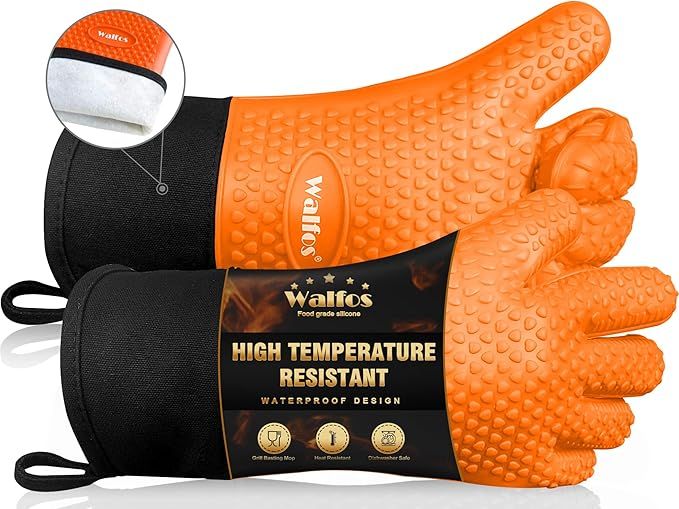 Silicone BBQ Gloves - Heat Resistant Grilling Gloves, Premium Non-Slip Kitchen Oven Mitt with Protective Cotton Layer Inside, Waterproof, Great for Grilling, Kitchen and Cooking, Orange