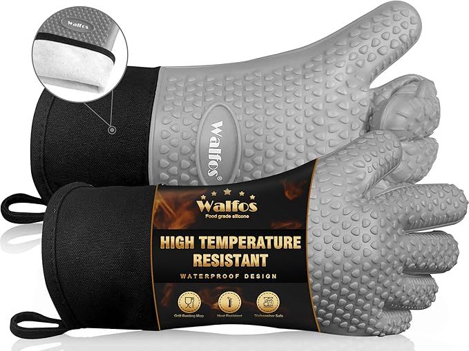 Silicone BBQ Gloves - Heat Resistant Grilling Gloves, Premium Non-Slip Kitchen Silicone Oven Mitt with Protective Cotton Layer Inside, Waterproof, Great for Grilling, Kitchen and Cooking, Gray