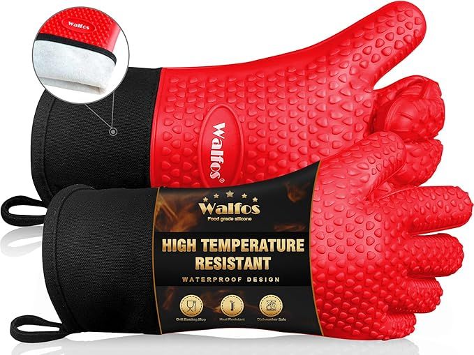 Silicone BBQ Gloves - Heat Resistant Grilling Gloves, Premium Non-Slip Kitchen Silicone Oven Mitt with Protective Cotton Layer Inside, Waterproof, Great for Grilling, Kitchen and Cooking, Red
