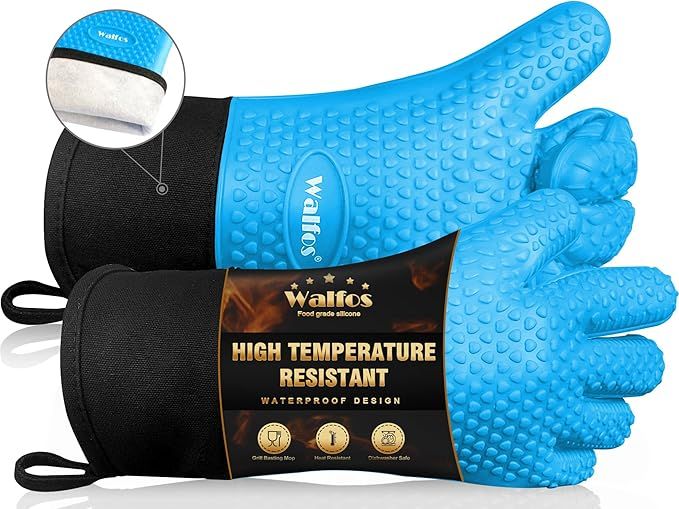Silicone BBQ Gloves - Heat Resistant Grilling Gloves, Premium Non-Slip Kitchen Silicone Oven Mitt with Protective Cotton Layer Inside, Waterproof, Great for Grilling, Kitchen and Cooking, Blue