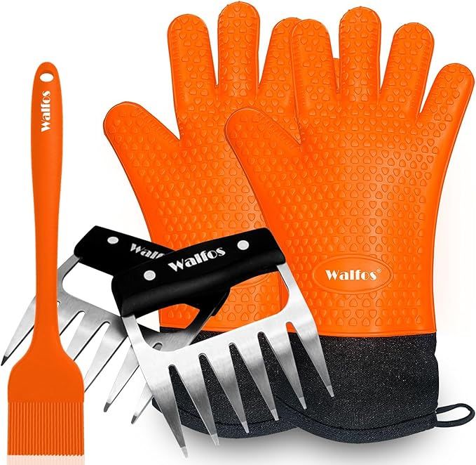 Silicone BBQ Gloves - Heat Resistant Grilling Gloves Set with Pork Shredder Claws & Brush, Non-Slip Kitchen Silicone Oven Mitt with Protective Cotton Layer, Suit for Indoor & Outdoor, Orange