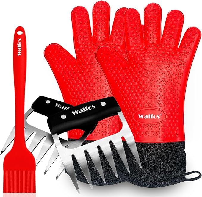 Silicone BBQ Gloves - Heat Resistant Grilling Gloves Set with Pork Shredder Claws & Brush, Non-Slip Kitchen Silicone Oven Mitt with Protective Cotton Layer, Suit for Indoor & Outdoor, Red