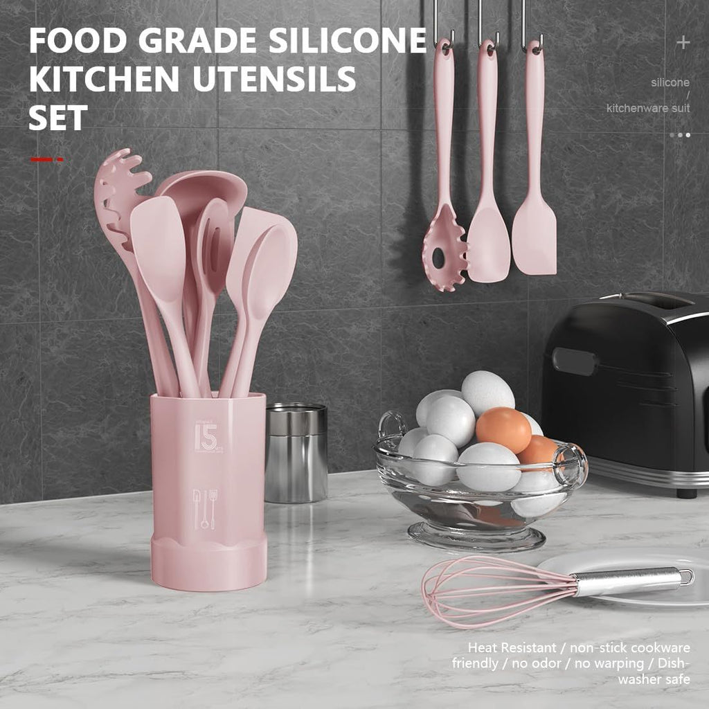 Silicone Cooking Utensils Set - 446°F Heat Resistant Kitchen Utensils, Spatula,Turner Tongs,Spoon,Whisk,Kitchen Utensil Gadgets Tools Set for Nonstick Cookware,Dishwasher Safe BPA Free(Pink)