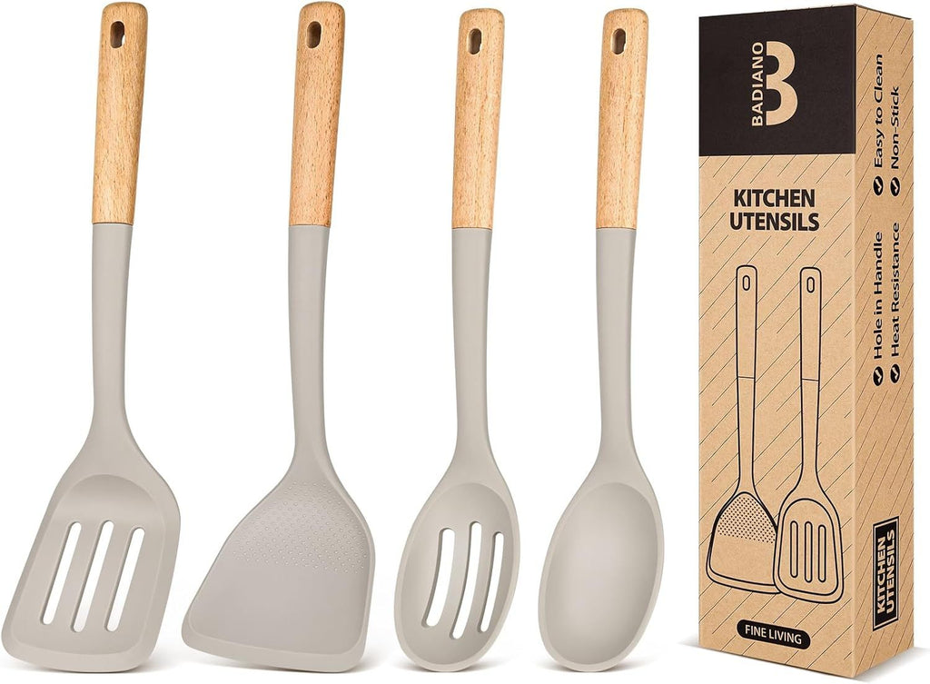 Silicone Cooking Utensils Set, Perfectly Angled for Frying, Mixing,Serving,Draining,Turning and Stirring, BPA-Free Matte Silicone, Wood Handles, Safe for Nonstick Cooking Surfaces,4 Pack (Khaki)