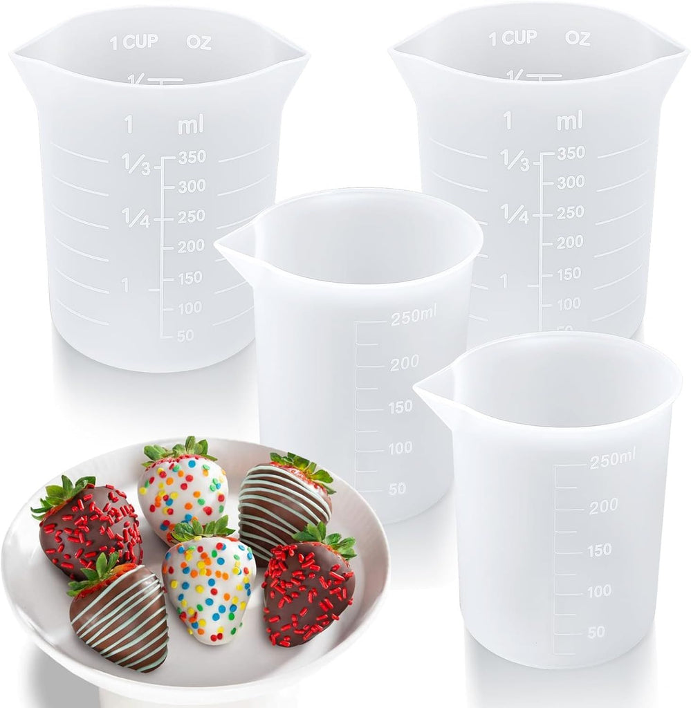 Silicone Cups for Melting Chocolate, 4PCS Silicone Measuring Cups with 250 & 350ml Capacity, Reusable Baking Supplies for DIY Chocolate Molds