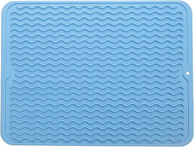 Silicone Dish Drying Mat for Multiple Usage,Easy clean,Eco-friendly,Heat-resistant Silicone Mat for Kitchen Counter or Sink,Refrigerator or drawer liner Light Blue L 16 inches x 12 inches