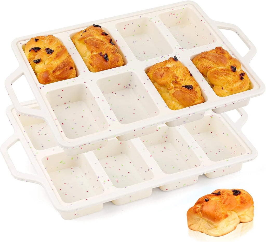 Silicone Mini Loaf Pans with Metal Reinforced Frame-2 Pack, Non-stick Silicone Bread Pan for Baking 8-Cavity, Tiny Banana Bread Set, Dishwasher Safe Brownie Pan-Cream