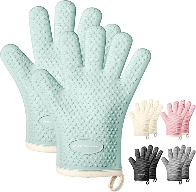 Silicone Oven Mitts Heat Resistant 450 Degrees,Waterproof & Non-Slip Oven Gloves with Fingers,Cotton Lined Silicone Oven Gloves Kitchen Mitts for Baking Cooking Barbecue,Women (Green)