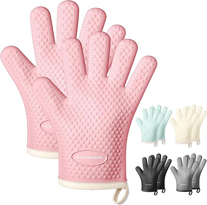Silicone Oven Mitts Heat Resistant 450 Degrees,Waterproof & Non-Slip Oven Gloves with Fingers,Cotton Lined Silicone Oven Gloves Kitchen Mitts for Baking Cooking Barbecue,Women (Pink)