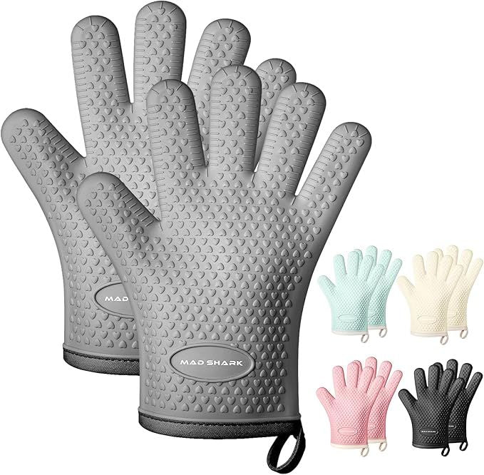 Silicone Oven Mitts Heat Resistant 450 Degrees,Waterproof & Non-Slip Oven Gloves with Fingers,Cotton Lined Silicone Oven Gloves Kitchen Mitts for Baking Cooking Barbecue,Women,Oven (GREY1)