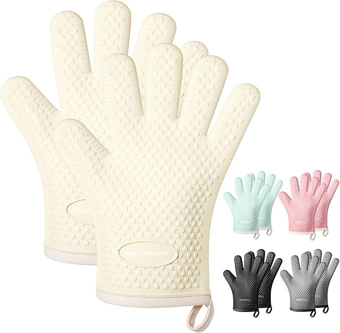 Silicone Oven Mitts Heat Resistant 450 Degrees,Waterproof & Non-Slip Oven Gloves with Fingers,Cotton Lined Silicone Oven Gloves Kitchen Mitts for Baking Cooking Barbecue,Women,Oven (White)