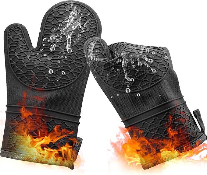 Silicone Oven Mitts Heat Resistant Durable, 2pcs Soft Cotton Lining Oven Glove for Kitchen High Heat Resistant 500 Degree Oven Mitts with Non-Slip Silicone Surface for Cooking, 12"x5.5" (Black)
