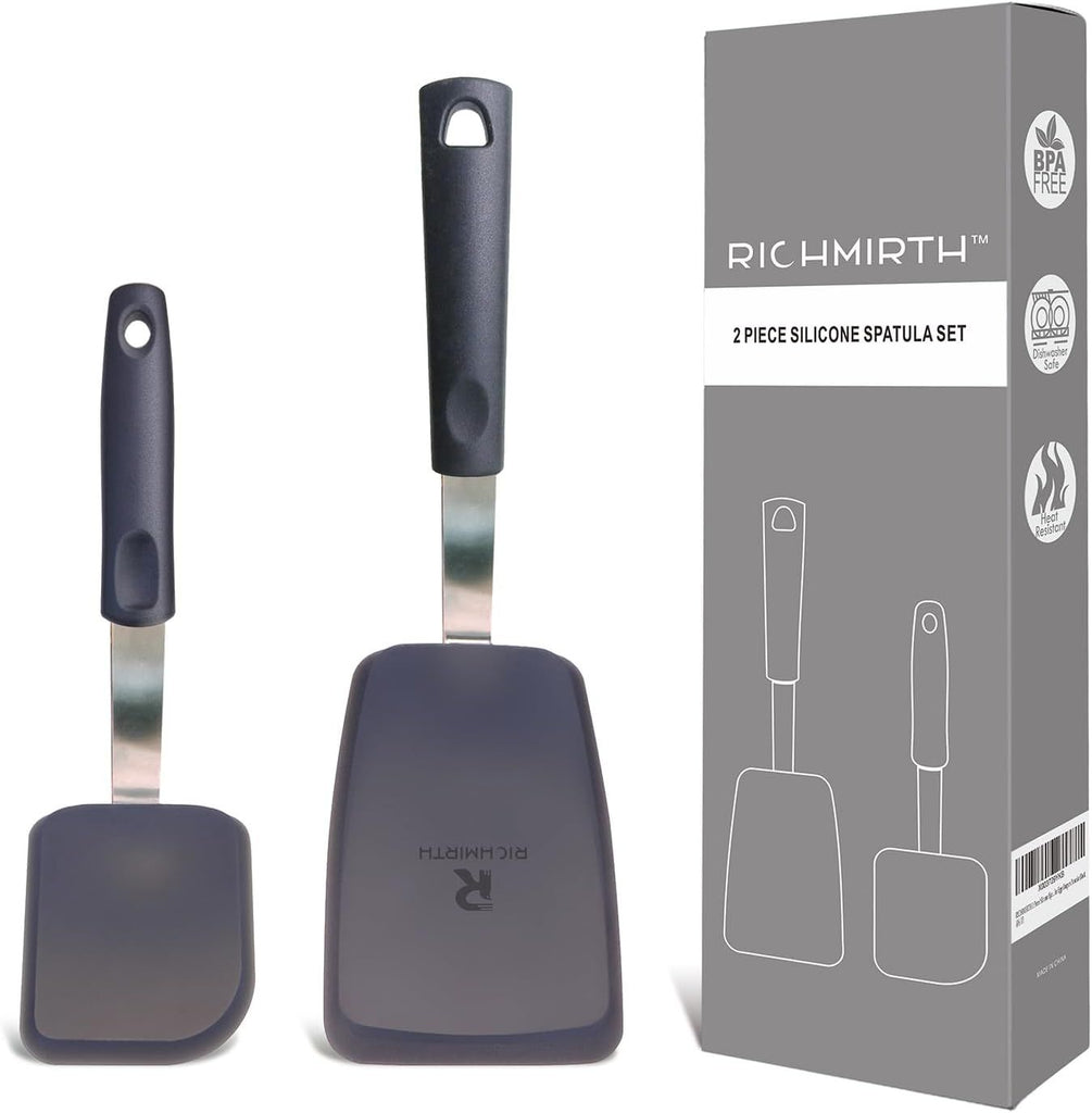 Silicone Spatula Set of 2 – 600°F Heat Resistant, Non-Scratch & BPA-Free Flexible Turners with Hanging Hole for Easy Storage, Ideal Cooking Spatulas for Eggs, Pancakes & Burgers, BlackSilicone Spatula
