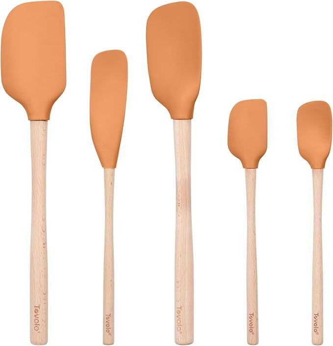 Silicone Spatula with Wooden Handle Set of 5 Piece Silicone Kitchen Utensil Set Spoonula Jar Scraper Mini Spatula and Spoonula for Cooking Baking Mixing Folding Apricot Orange Cookware