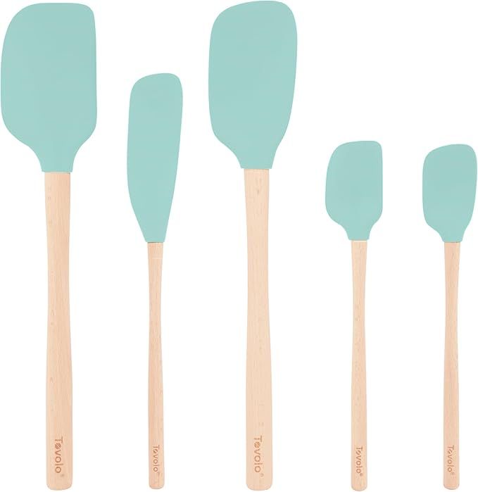 Silicone Spatula with Wooden Handle Set of 5 Piece Silicone Kitchen Utensil Set Spoonula Jar Scraper Mini Spatula and Spoonula for Cooking Baking Mixing Folding Aqua Seafoam Green