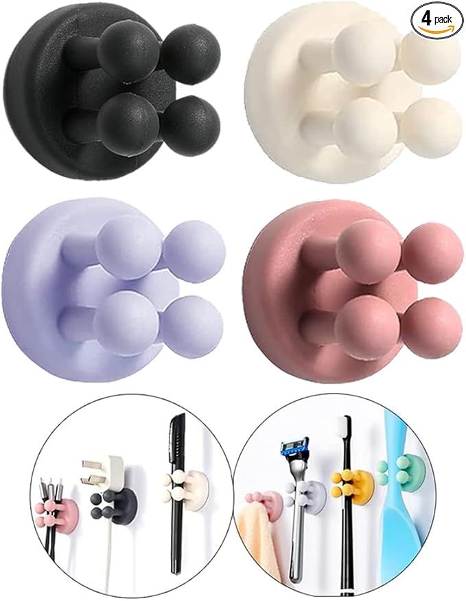 Silicone Toothbrush Holders - 4 Pcs Razor Hooks Adhesive Wall Mounted for Hanging Towel Key Plug Cable,