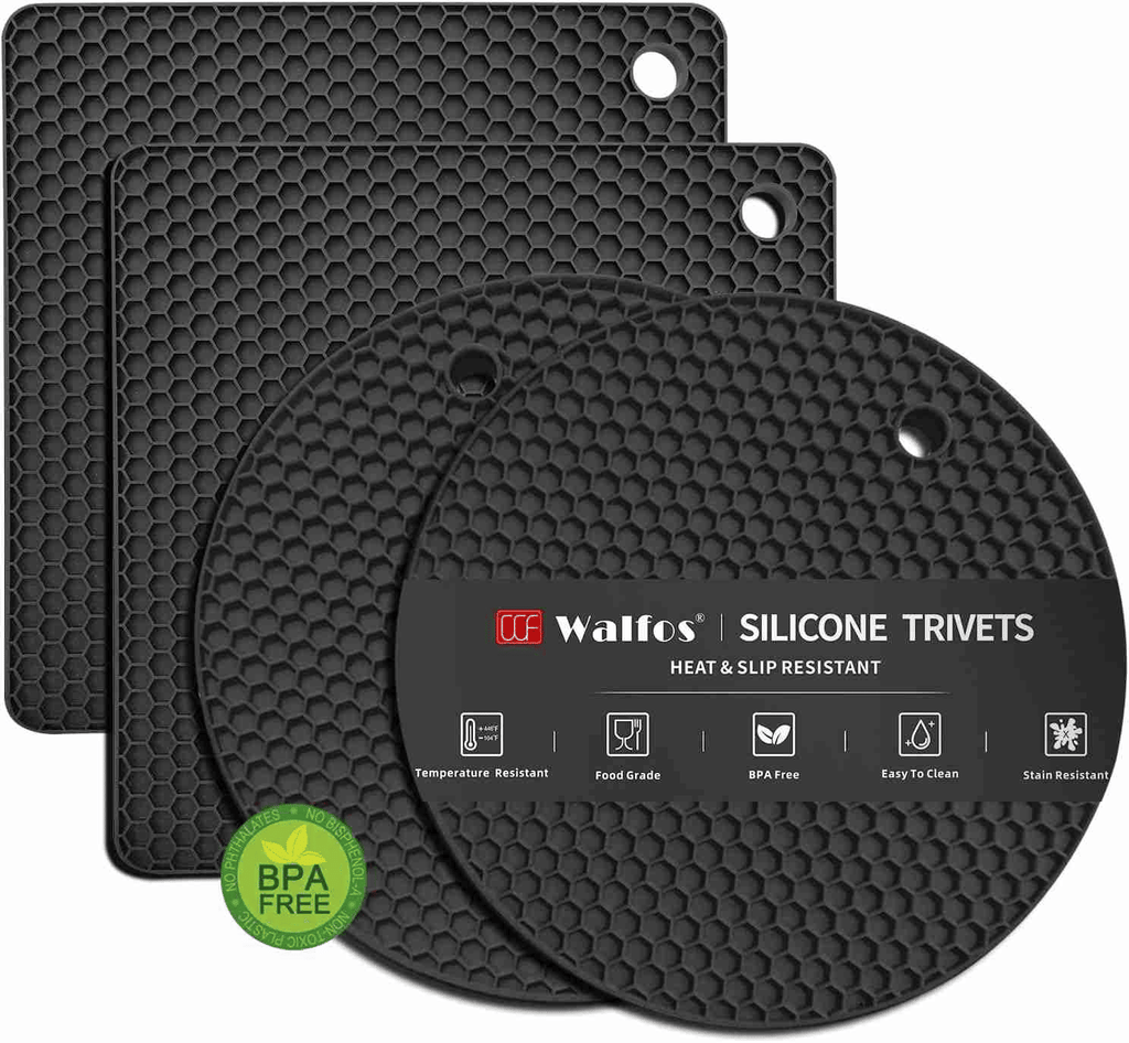 Silicone Trivet Mats - 1Heat Resistant Pot Holders, Multipurpose Non-Slip Hot Pads for Kitchen Potholders, Hot Dishers, Jar Opener, Spoon Holder, Food Grade Silicone & BPA Free (Black)