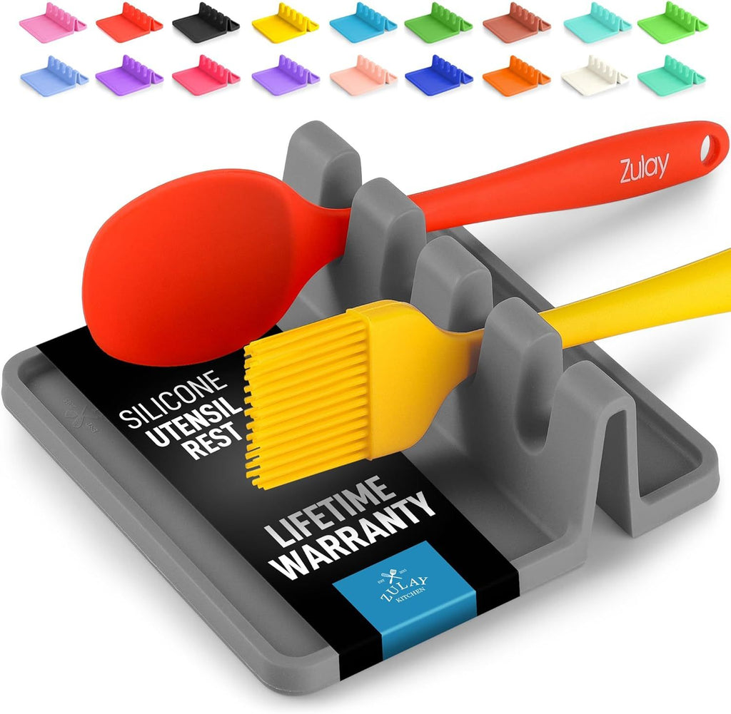 Silicone Utensil Rest with Drip Pad for Multiple Utensils - BPA-Free, Heat-Resistant Spoon Rest & Spoon Holder for Stove Top - Kitchen Utensil Holder for Ladles & Tongs - Gray