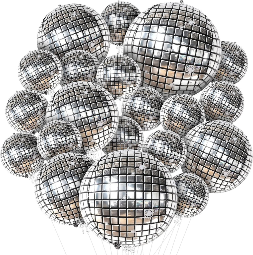Silver Disco Ball Balloons - 32 Inch, Pack of 20 | Shiny Disco Ball for Disco Party Decorations | 4D Sphere Disco Balloons for Disco Bachelorette Party Decorations | Silver Birthday Décor