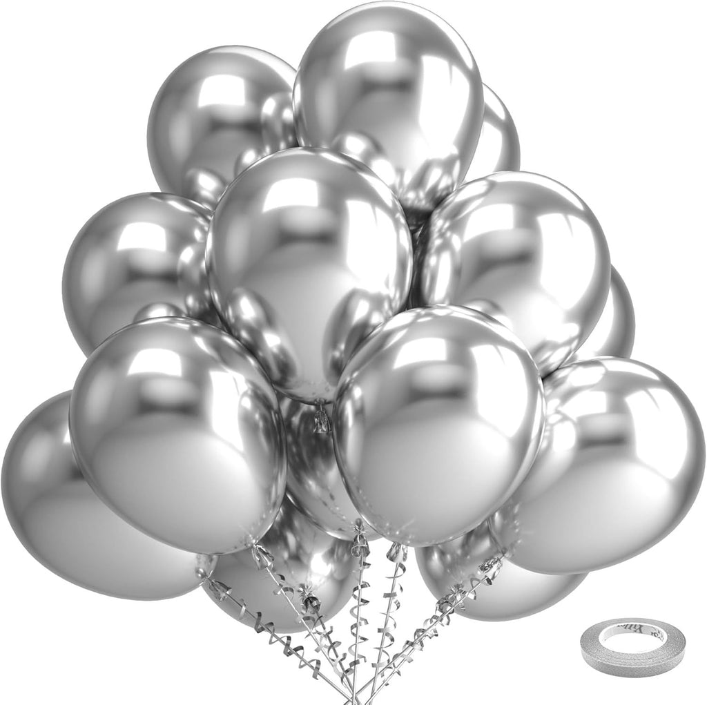 Silver Metallic Chrome Latex Balloons, 100 Pack 12 inch Silver Round Helium Balloons for New Years Wedding Anniversary Bridal Shower Birthday Engagement Party Decorations