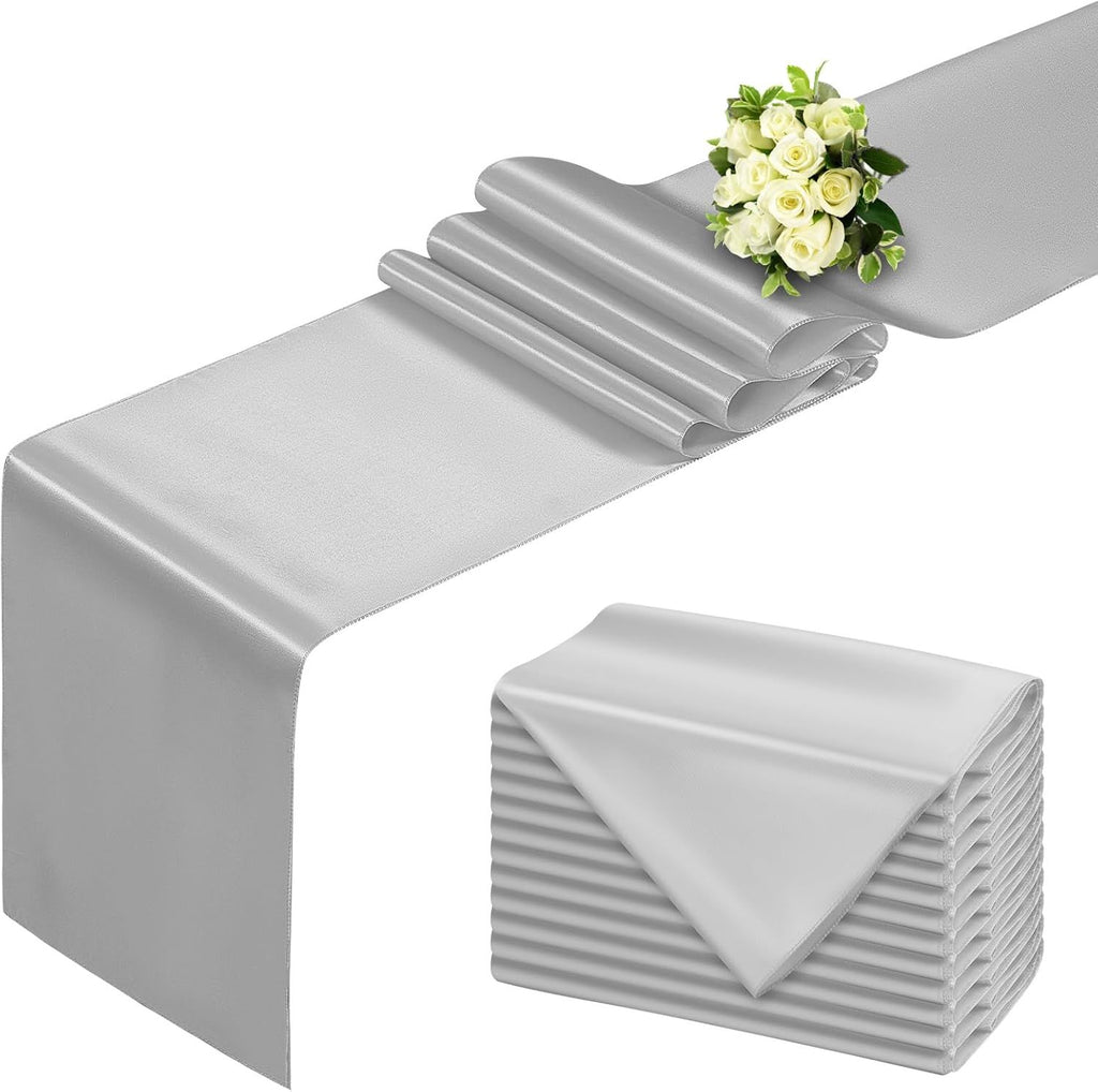 Silver Table Runner 12x108 Inch - 12 Pack Satin Table Runners, Smooth Table Runner for Party Wedding Banquets Birthday